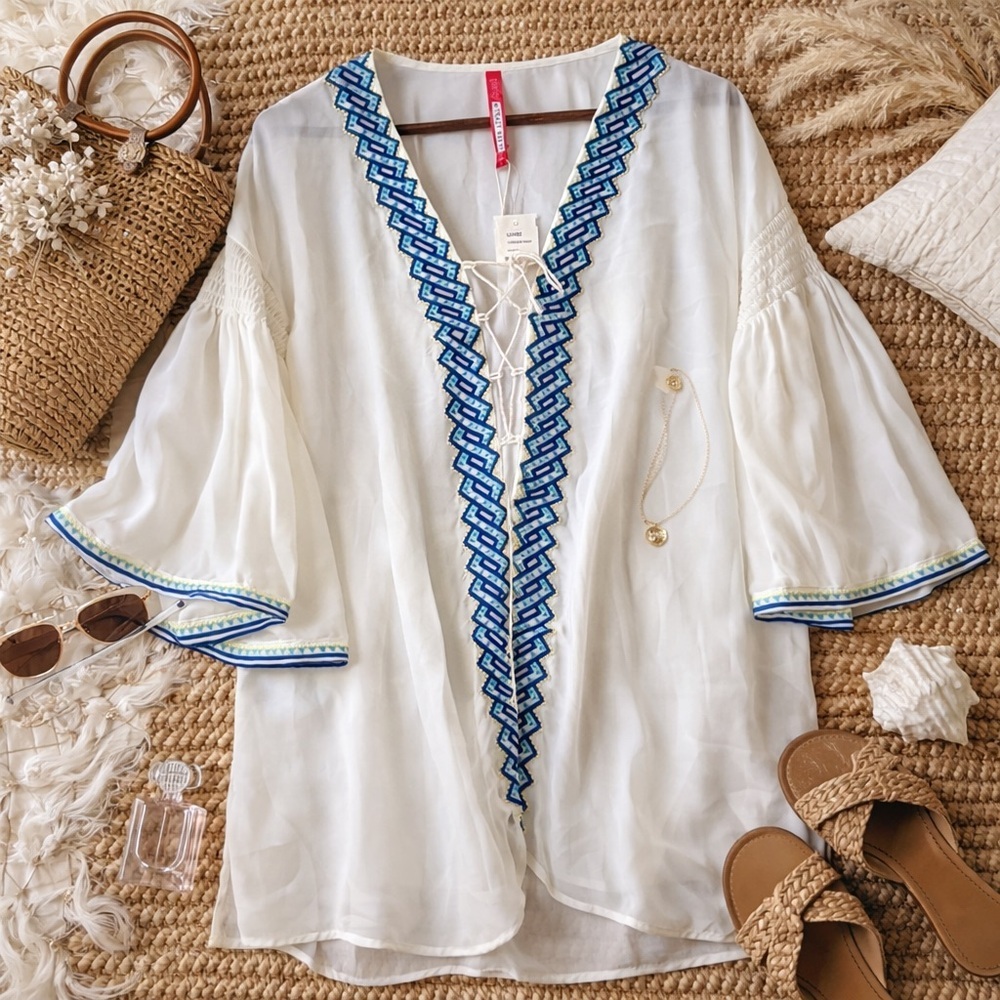 NWT Tracy Reese Greek trim beaded peasant top - Picture 2 of 12